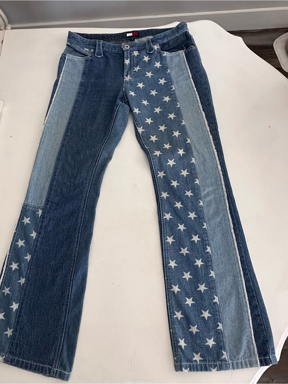 Vintage 90s Y2K Tommy Jeans Star Patchwork Denim Flare Jeans 9 USA Americana